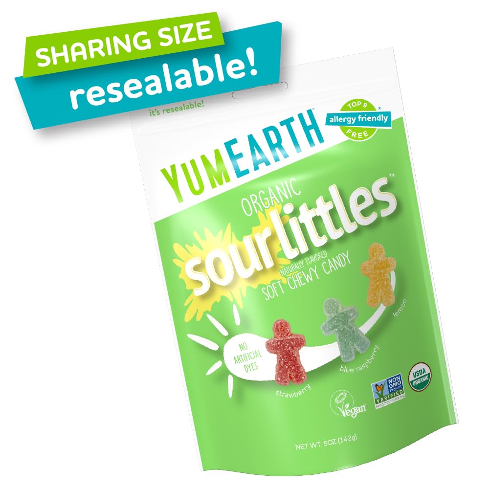 YumEarth Organic Sour Littles Chewy Candy - Allergy Friendly (Top 9 Free), No Artificial Dyes or Flavors, Non GMO, Gluten Free, Vegan Candy Snacks - 5 Ounce Bag (Pack of 6)