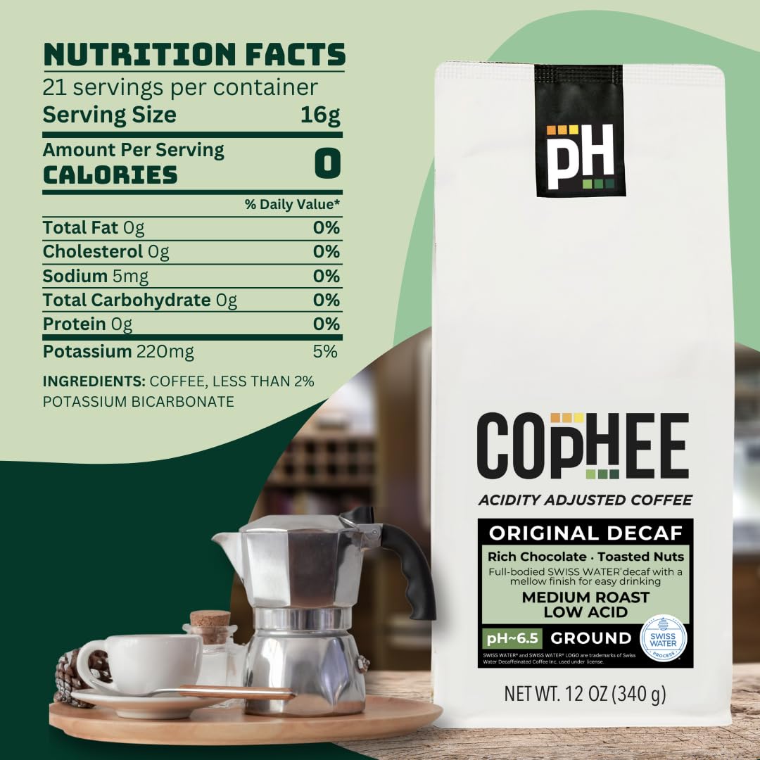 Low Acid Coffee - Decaf - Ground Medium Roast - Smooth Non-GMO Arabica Coffee - Electrolyte Infused for Sensitive Stomachs, Acid Reflux, and Heartburn ~pH 6.5-12 oz Original Decaf by COpHEE