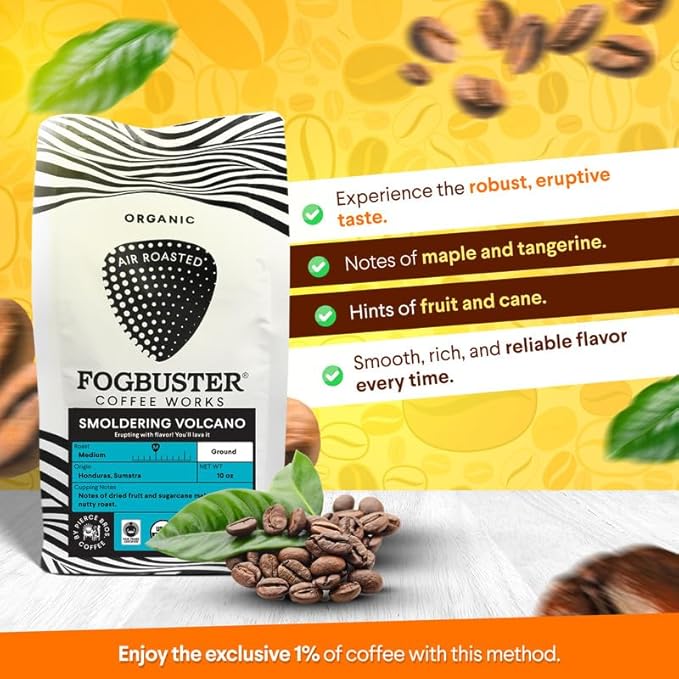 Smoldering Volcano Medium Roast Ground Coffee – 6 Pack of 10 oz by Fogbuster Coffee Works – Air Roasted, Organic, Fair Trade & Kosher – Bold & Smooth Eruption of Flavor