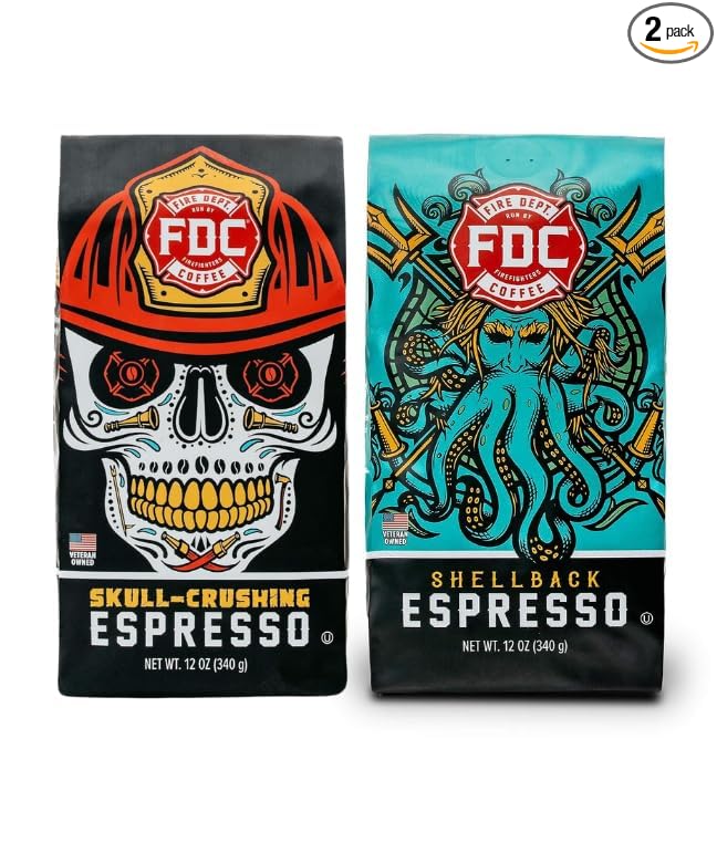 Fire Department Coffee - Veteran Owned - Shellback Espresso & Skull Crushing Espresso Ground Coffee Bundle - Roasted in the USA - Handcrafted Coffee - 2x12 oz Bags