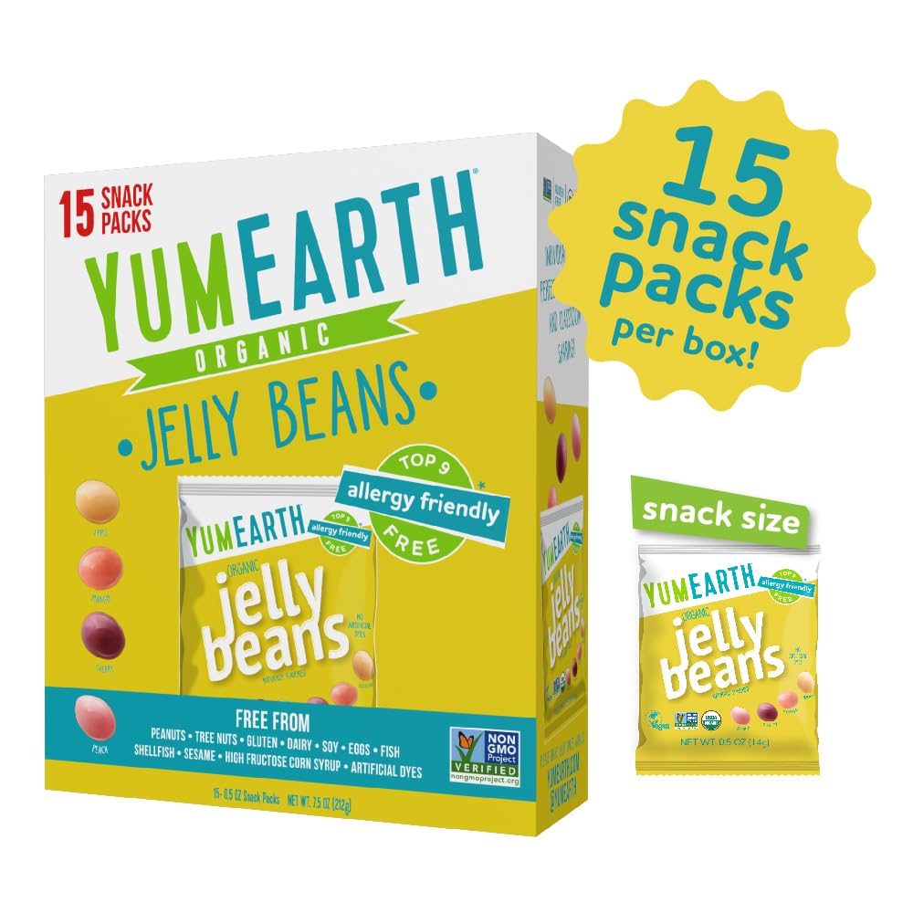 YumEarth Organic Jelly Beans - Fruity Candy Snack Packs, Gluten Free Snacks for Kids - Allergy Friendly, Non-GMO, No Artificial Flavors or Dyes - Assorted Flavors, 7.5 oz. (Pack of 15)