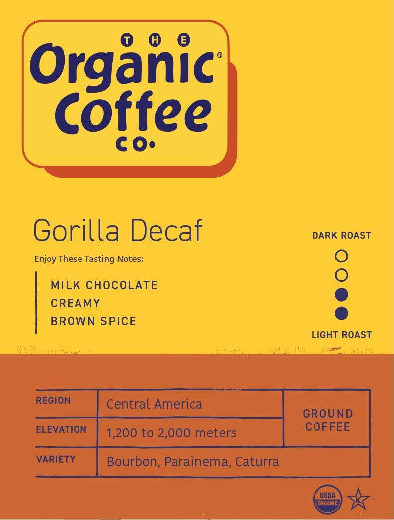 Organic Coffee Co. Gorilla Decaf Ground Coffee 12 Ounce Medium Light Roast Natural Water Processed Decaffeinated USDA Organic