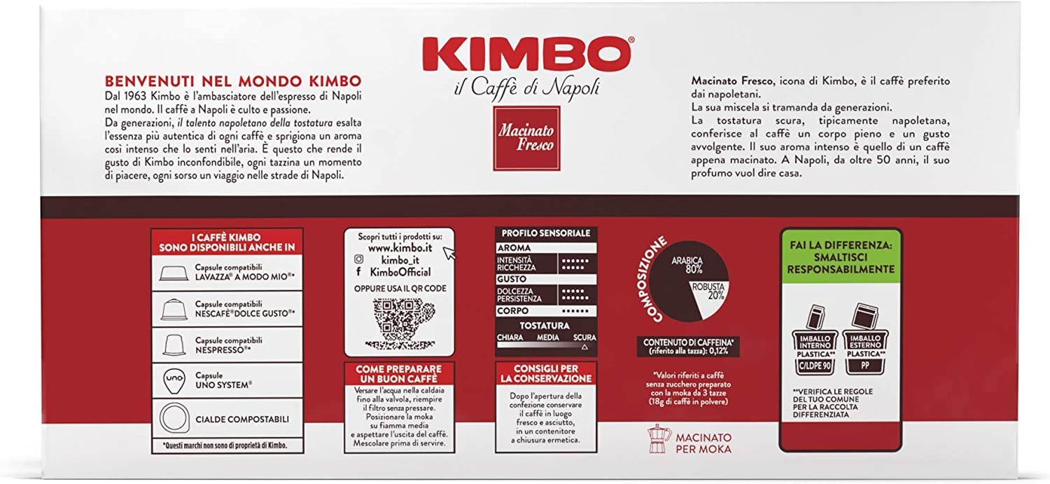 Kimbo:"Macinato Fresco" ("Italian Flavour Strong Taste") Roasted Ground Coffee 8.8 Ounce (250gr) Packages (Pack of 4) [ Italian Import ]