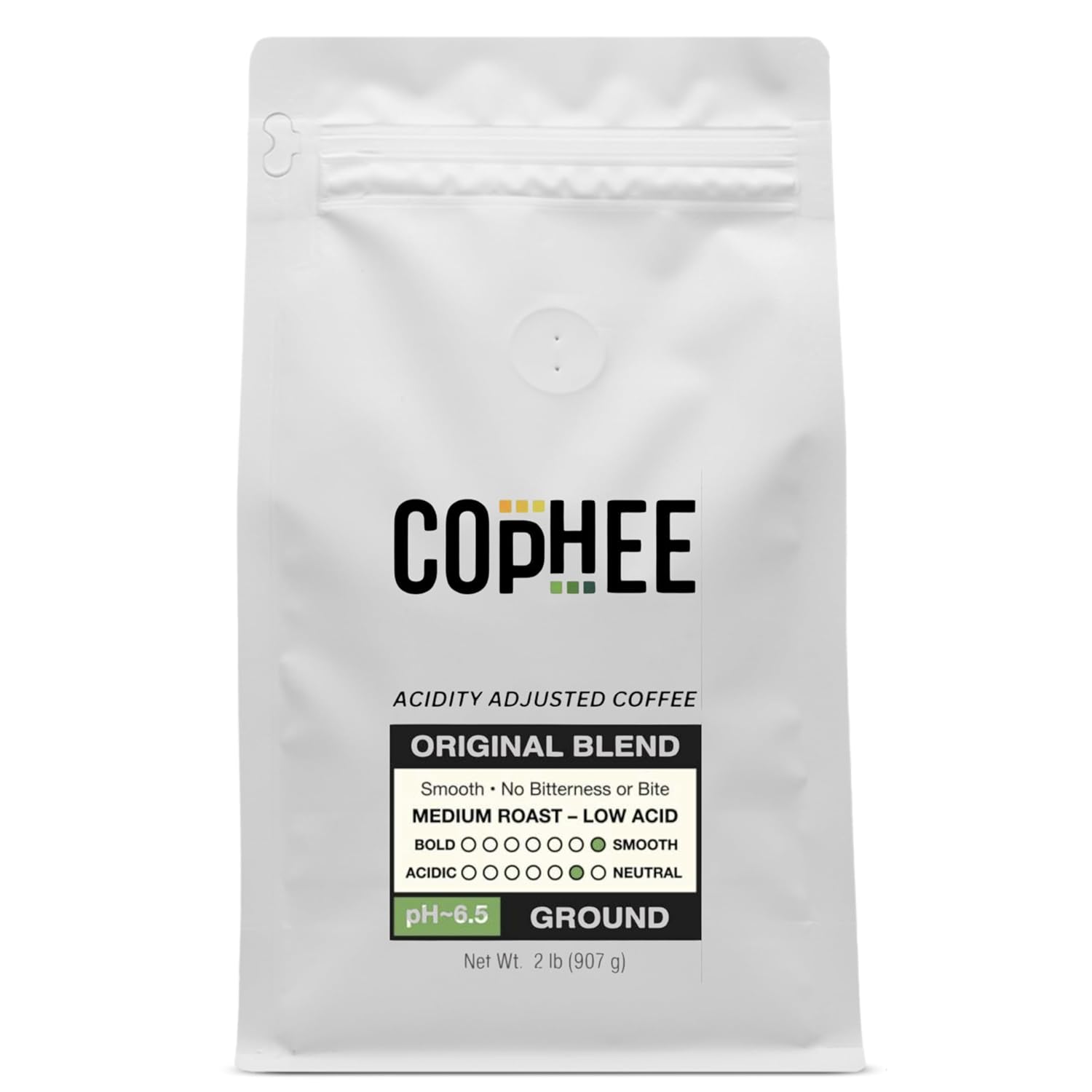 pH Adjusted Coffee by COpHEE - Ground Medium Roast - Smooth Non-GMO Arabica - Acid Neutralizing Electrolytes for Sensitive Stomachs, Acid Reflux, and Heartburn ~pH 6.5-32 oz Original Blend