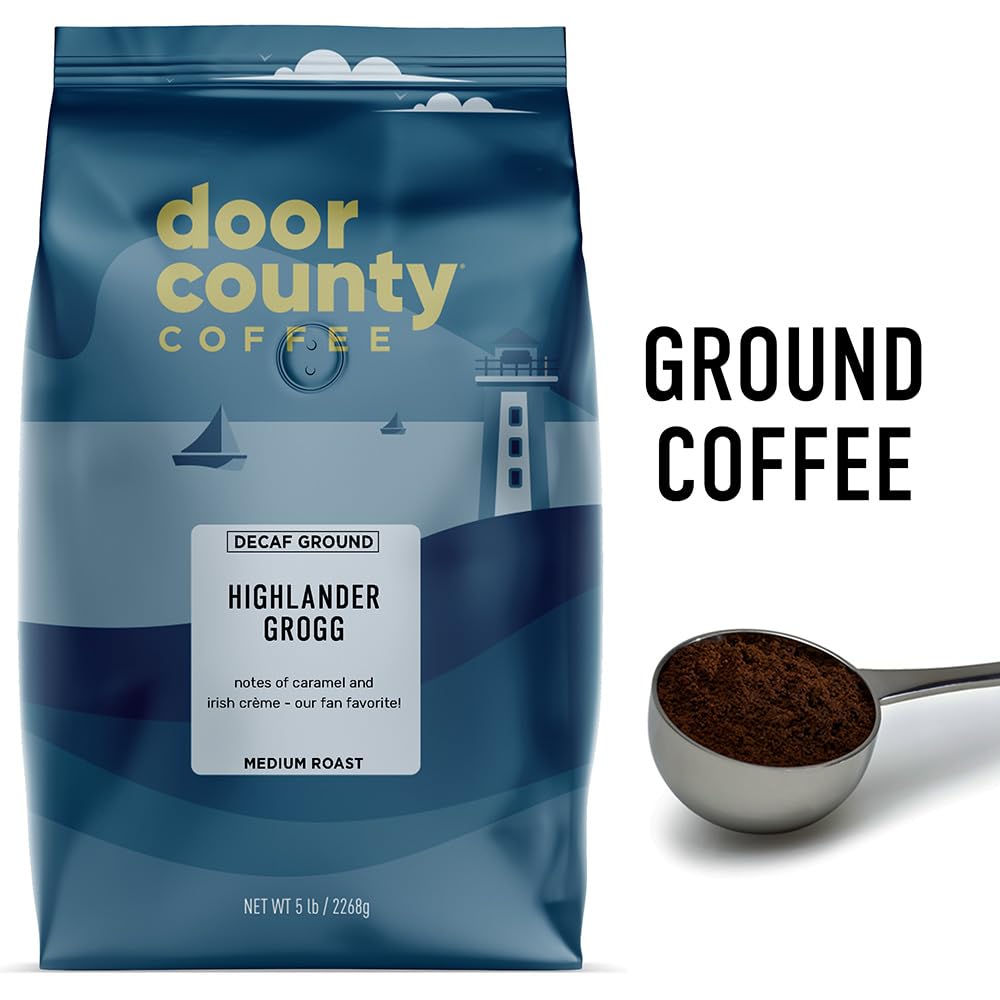 Door County Coffee Highlander Grogg DECAF Flavored Coffee Ground - 5 lb Bag - Flavored Ground Medium Roast - 100% Specialty Arabica - Gourmet - Irish Crème & Caramel