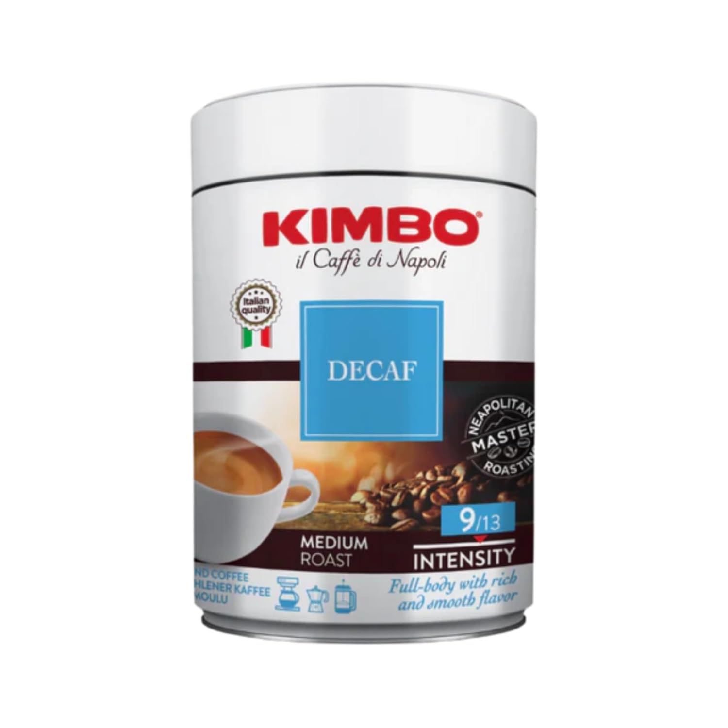 Kimbo Decaf Medium Roast Ground Coffee | 9/13 Intensity | Full-Body with Rich and Smooth Flavor | Italian Quality | 8.8 oz Can