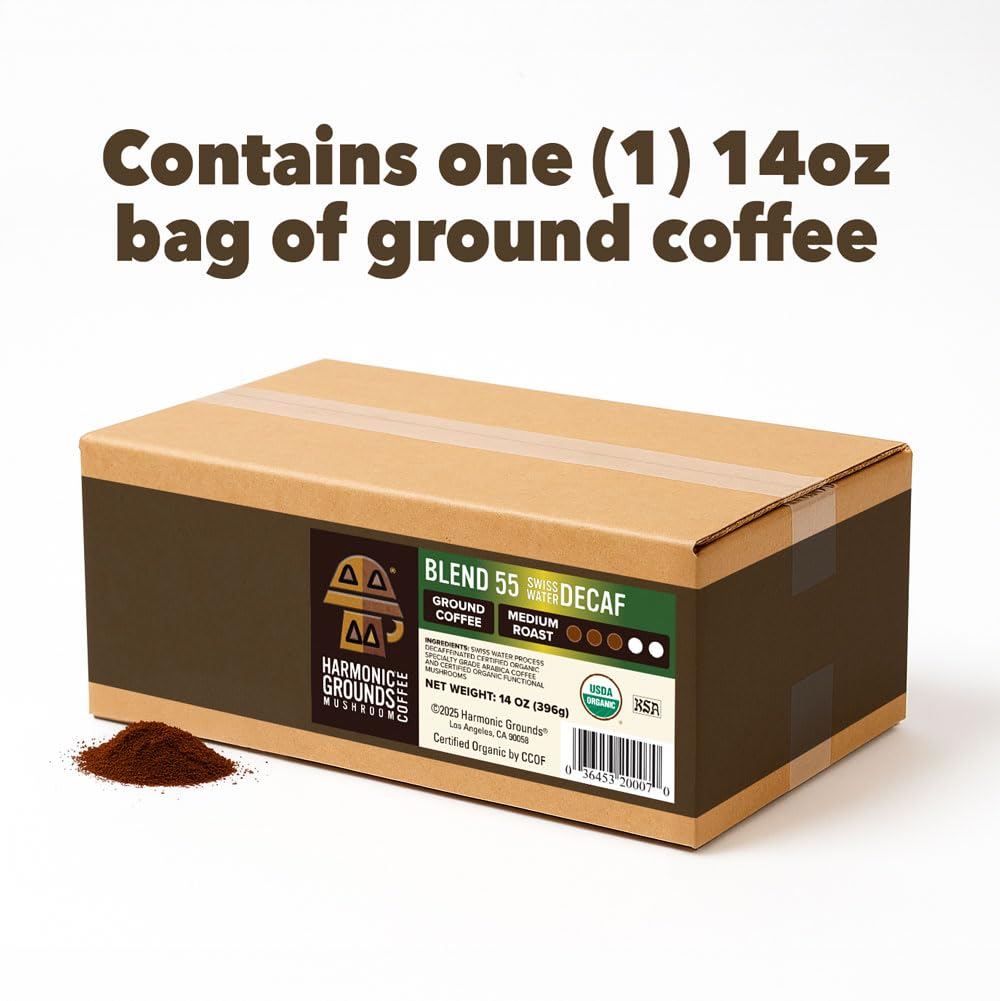 Harmonic Grounds Swiss Water Decaf | Organic Medium Roast Ground Coffee with Functional Mushrooms | Lion’s Mane, Reishi, Chaga, Cordyceps, Turkey Tail | Fruiting Body Only | No Caffeine | 14 oz