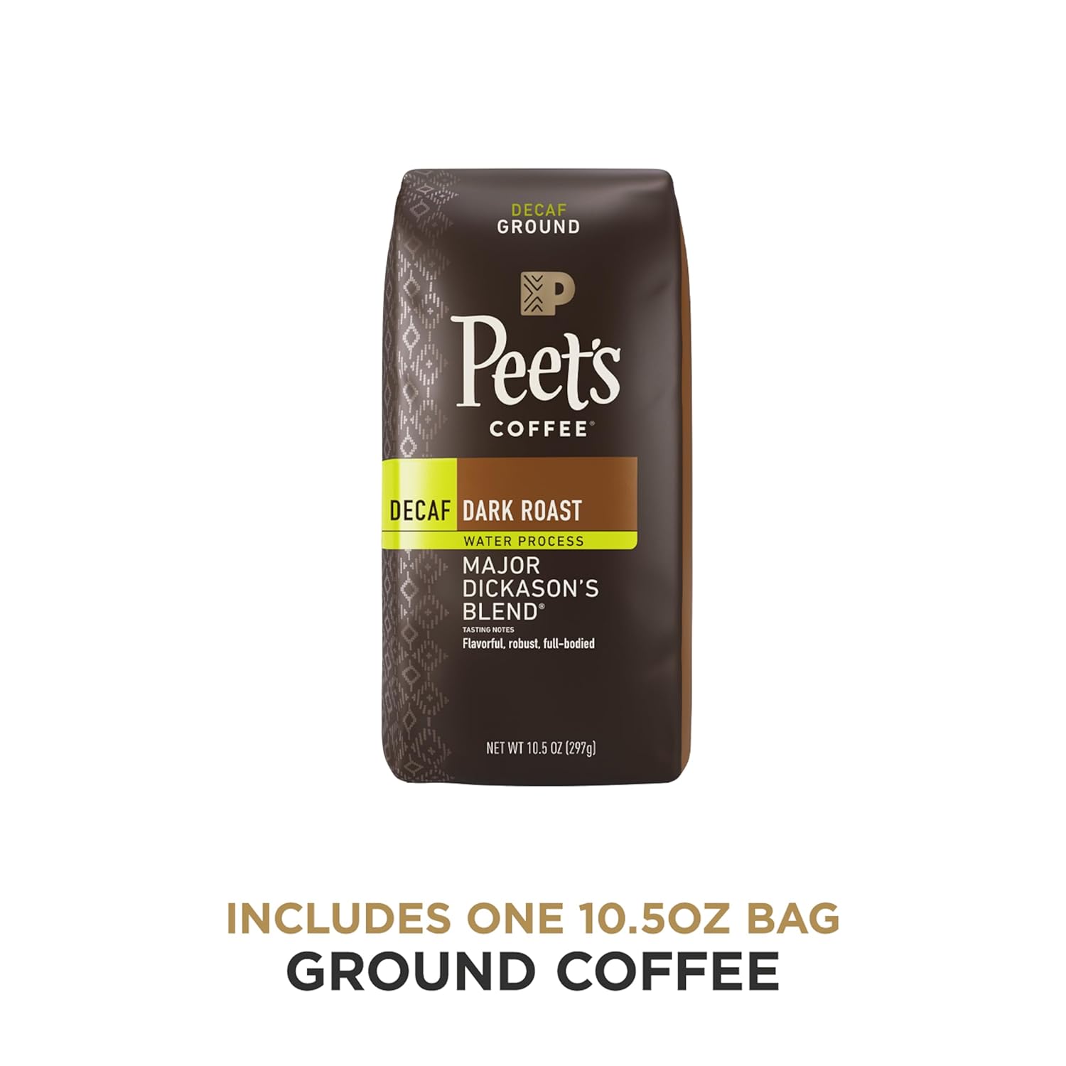Peet's Coffee, Dark Roast Decaffeinated Ground Coffee - Decaf Major Dickason's Blend 10.5 Ounce Bag (Pack of 2)