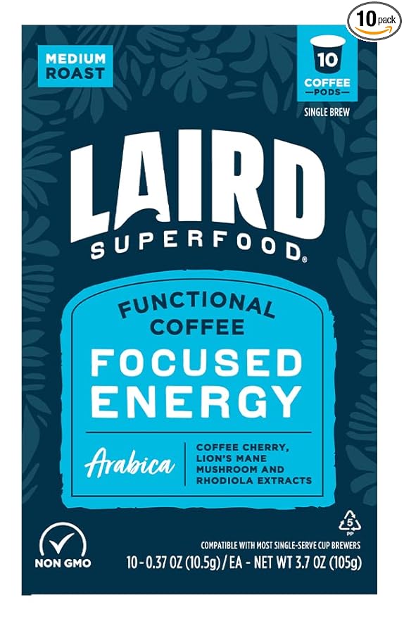 Laird Superfood K-Cups with Functional Mushrooms - Focused Energy, 10ct - Plant-Based Blend of Lions Mane Mushrooms, Rhodiola Extract, and Coffee Cherry - Delicious and Convenient