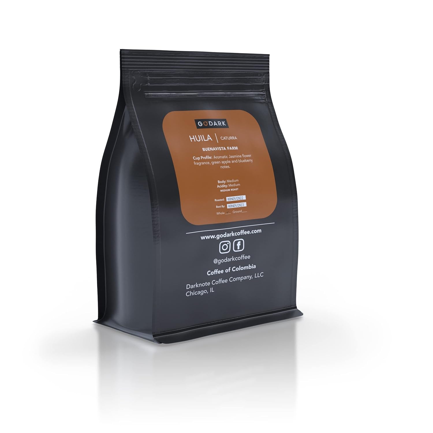 Colombian Caturra Coffee from Huila Region, Buenavista Farm, Medium Roast, 1 bag, Ground.