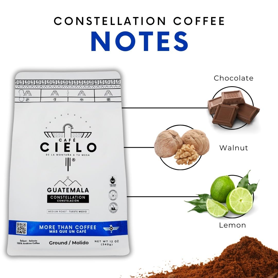 Café Cielo Blend Constellation, The Coffee from Guatemala, 100% Guatemalan Arabica Coffee, Artisanal Cultivation Single Estate Coffee. (Ground, 340g/12 oz), enriched with notes of chocolate, walnut and lemon.