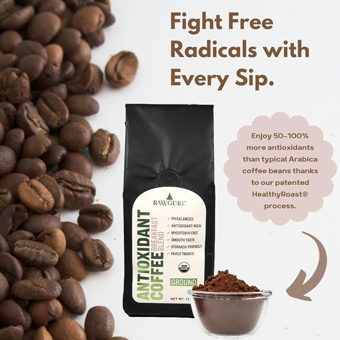 RawGuru Organic Antioxidant Coffee Breakfast Blend, Gluten-Free, Fairly Traded, Shade Grown and Rainforest Alliance Certified, Arabica Ground Coffee, 12 oz