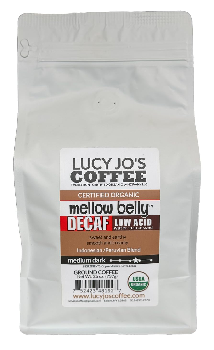 Lucy Jo's Coffee, Organic Decaf Mellow Belly Low Acid Blend, Medium Dark, GROUND, 26 oz