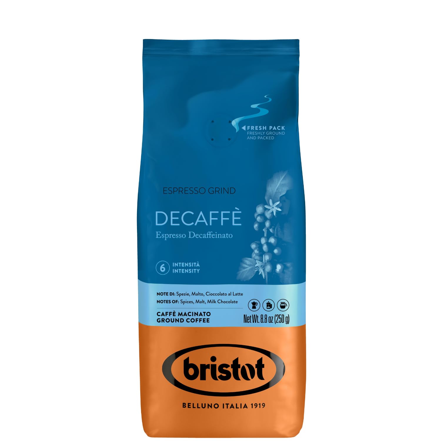 Bristot Decaf Ground Espresso – Medium Roast Italian Coffee – Smooth & Bold Flavor – 8.8 oz (250g)