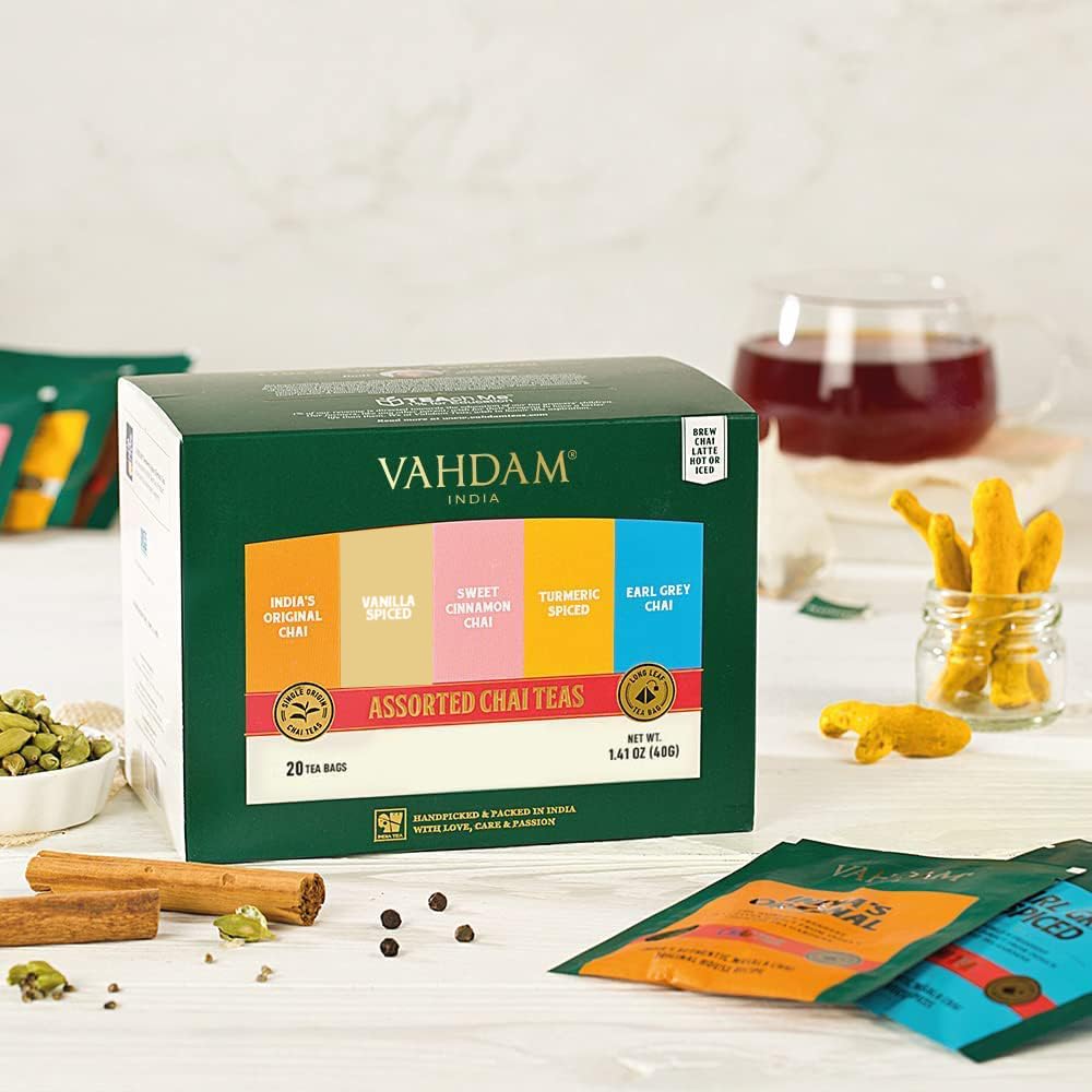 VAHDAM, Assorted Chai Tea Sampler Gift Set (5 Flavors, 20 Count) Gluten Free & Non GMO | Indian Masala Chai Tea Blends | Long Leaf Chai Tea Bags Variety Pack | Tea Variety Pack | Gifts for Women & Men