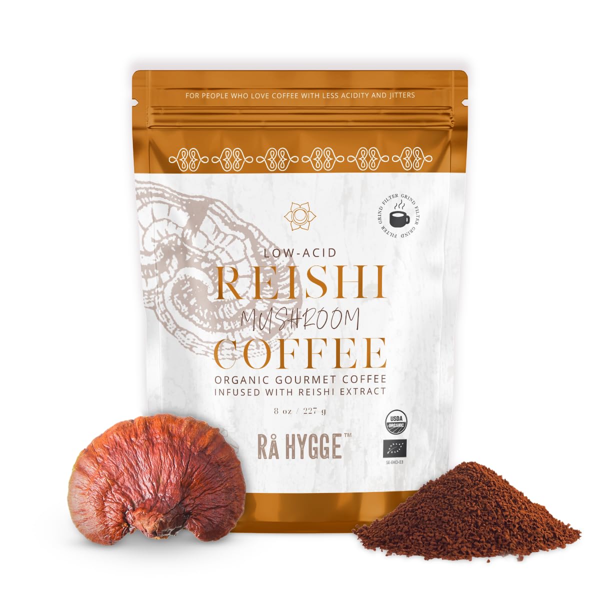 Rå Hygge Specialty Organic Ground Mushroom Coffee with Reishi - For Calm Energy, Relaxation & Balance - Healthy Coffee Alternative, Low-Acid Medium Roast, 8 oz (16 Cups), Roasted in Sweden