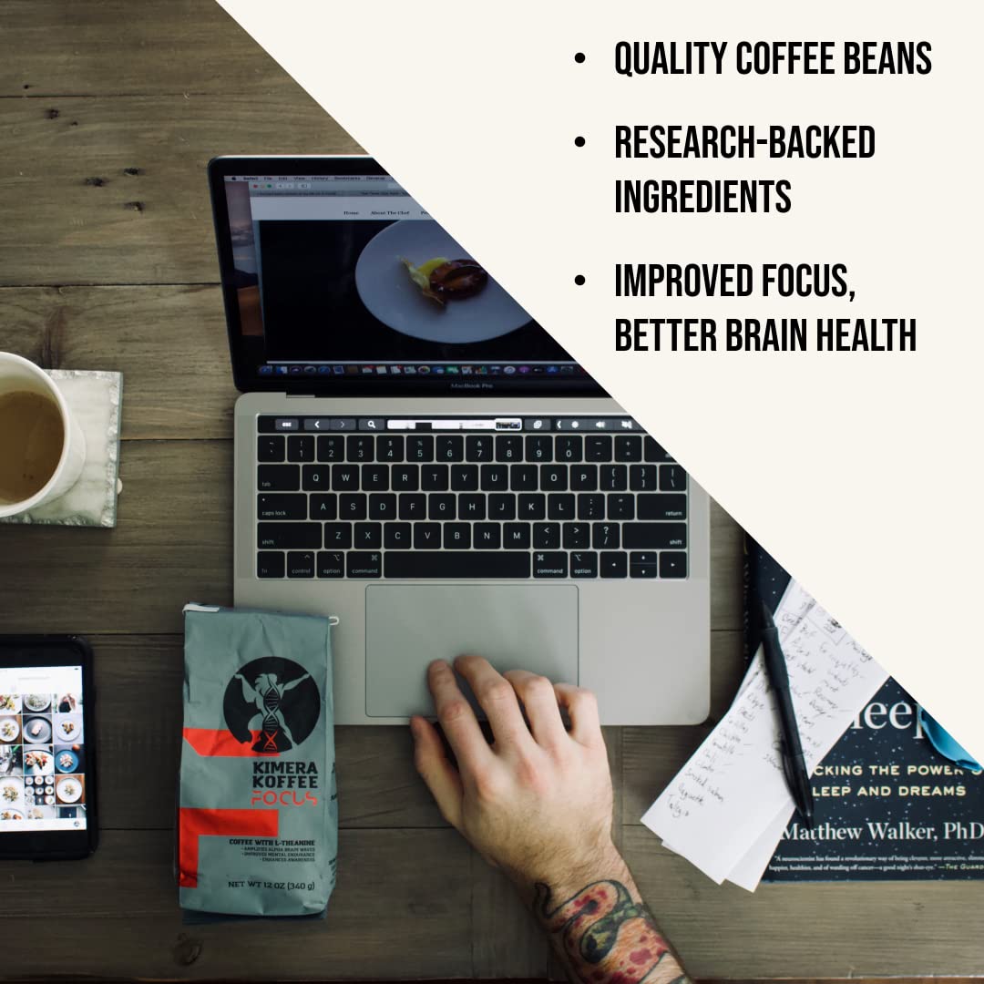 Kimera Koffee - Organic Light Roast Ground Coffee | Focus Blend | Infused with Brain Vitamins | L-theanine | Amplifies Alpha Brain Waves| Enhance Mental Endurance & Awareness | 12oz