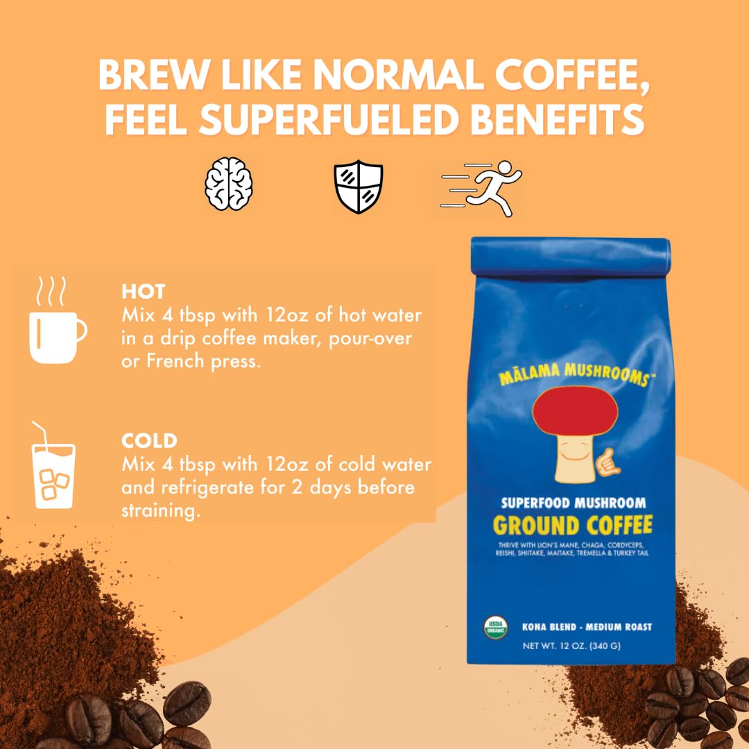 Organic Ground Mushroom Coffee by Malama | 8-Mushroom Superfood Blend with Lion’s Mane, Reishi, Cordyceps for Focus & Immune Support | Low Acid, Smooth Bold Flavor, Adaptogenic Energy | 12oz Bag