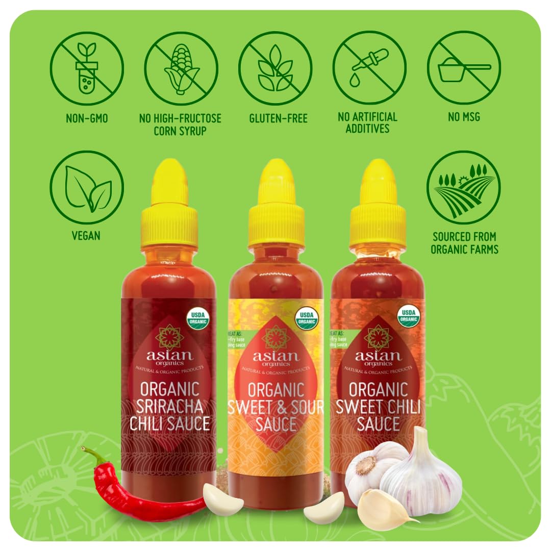 Asian Organics Sauces Variety Pack – Thai Sweet Chili, Sweet & Sour Sauce, Sriracha Chili Sauce, USDA Organic, Non-GMO, Gluten-Free, Made in Thailand, 9.47oz Each