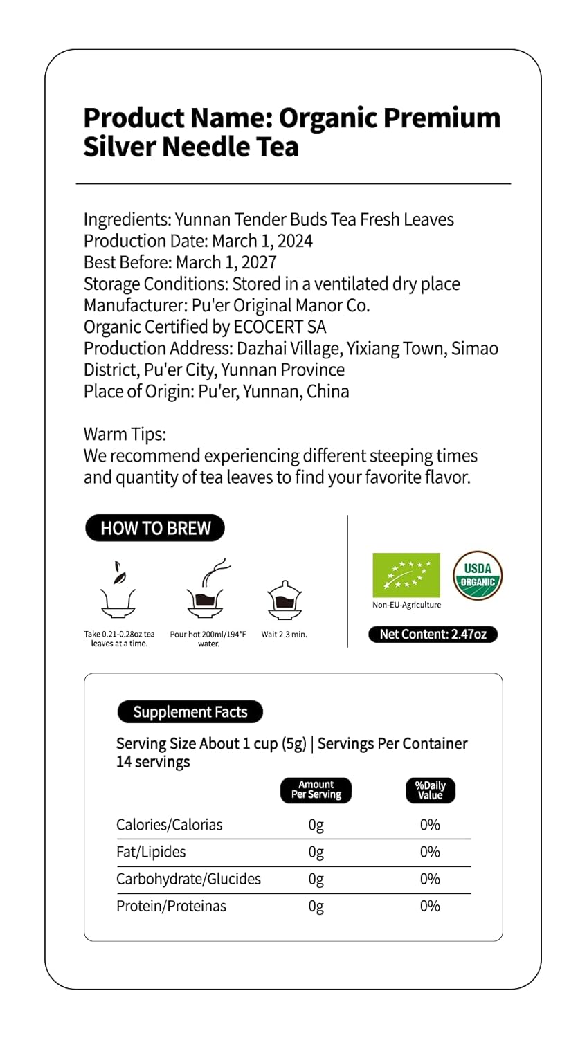 KHS Organic Silver Needle White Tea Grade AAA 70g, Organic Selenium Tea 90g, USDA Certified Chinese Yunnan White Tea Loose Leaf, No Dust Production Workshop