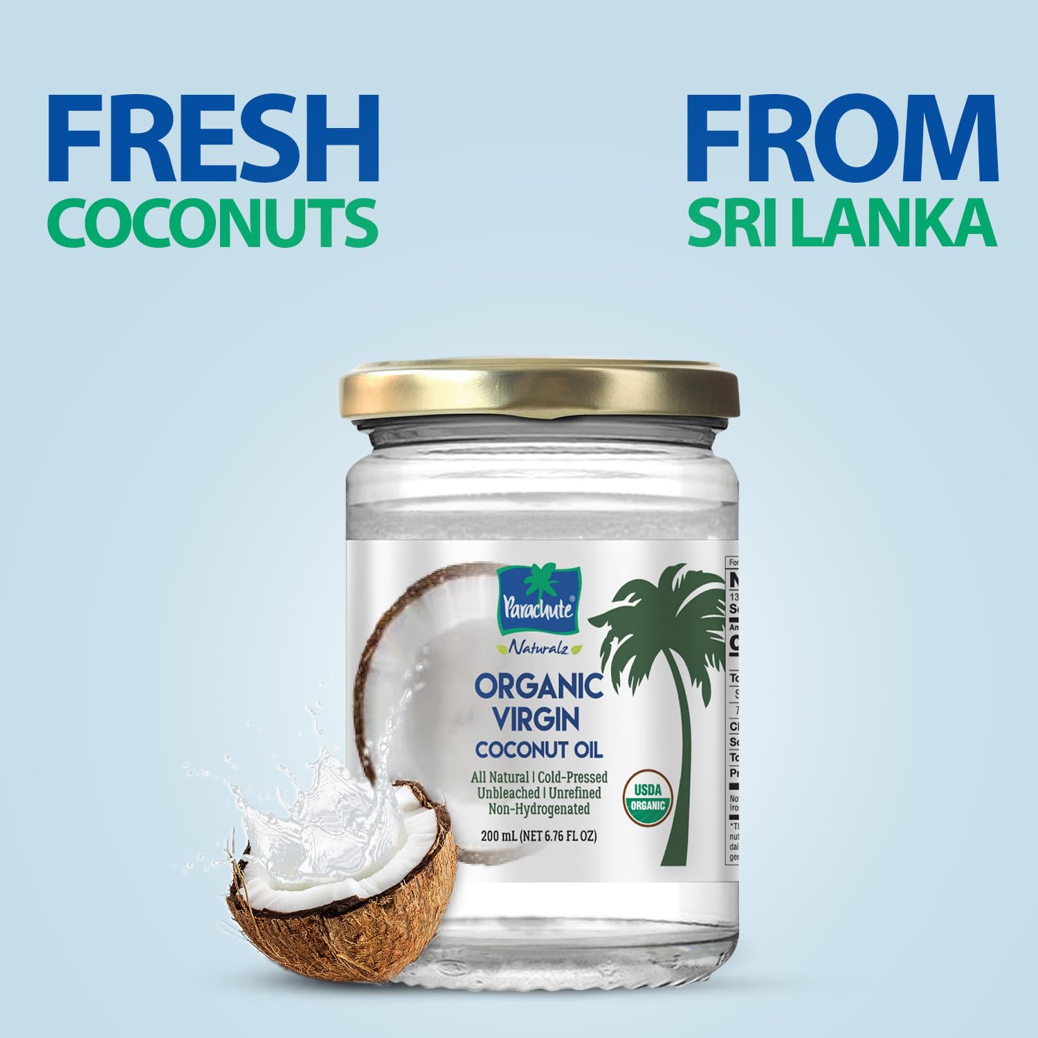Parachute Naturalz Virgin Coconut Oil | 100% Organic Cooking Oil, Hair Oil and Body Oil | Cold Pressed | USDA Certified |16 Fl. Oz | Glass Jar