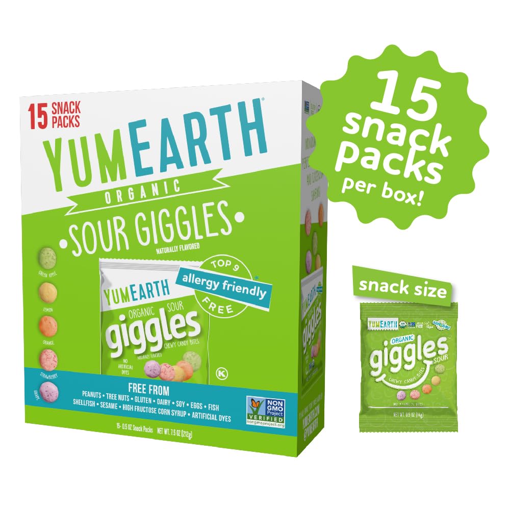 YumEarth Organic Sour Giggles Chewy Candy – Allergy Friendly, No Artificial Dyes, Non GMO, Gluten Free, Sour Fruit Flavored, Vegan Candy Snacks with No Artificial Flavors, 0.5 ounce (Box of 15)