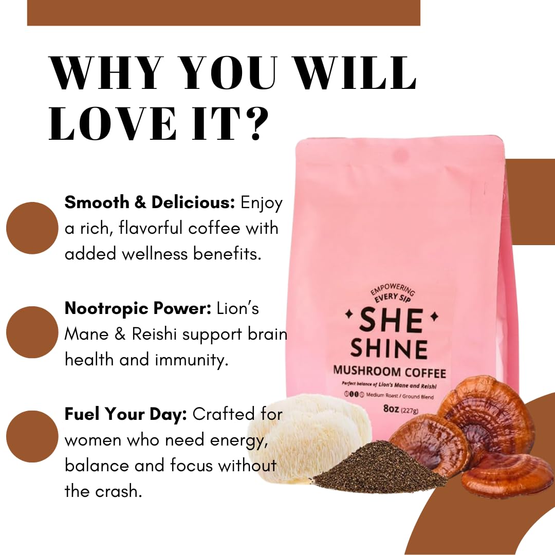 Mushroom Coffee SHE SHINE with Lion’s Mane & Reishi – Organic Superfood Coffee for Energy & Focus – Nootropic Blend for Balanced Wellness – 8 oz Bag