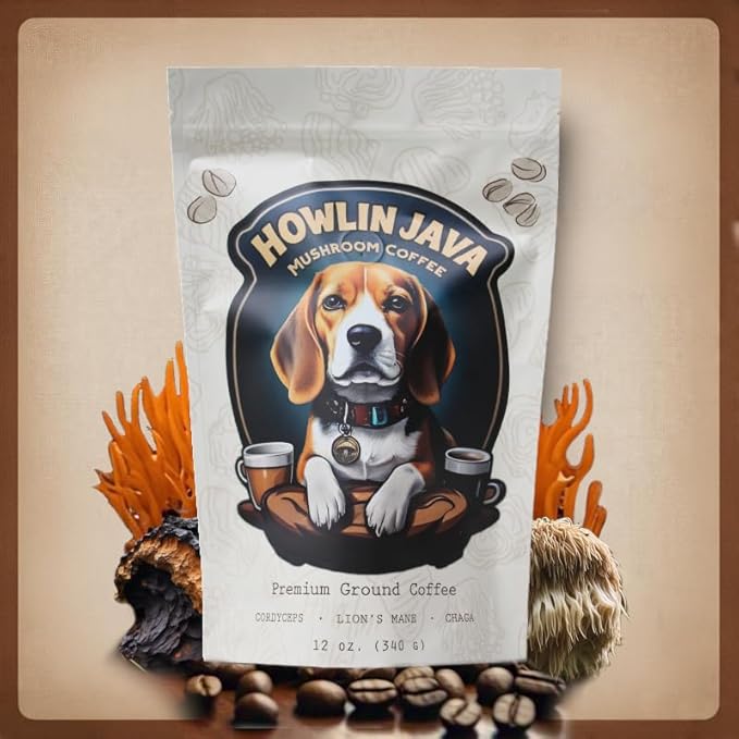 Howlin Java Mushroom Coffee, Premium Ground Coffee with 1 gram each of Lion's Mane, Chaga, and Cordyceps. Increase Energy, Focus, and Immunity with our Adaptogenic blend! 28 servings