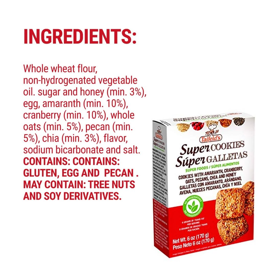 Taifelds Super Healthy Cookies with Sweetened Honey Pecans, Amaranth, Oats, Cranberries & Chia. No Preservatives and Low in Cholesterol