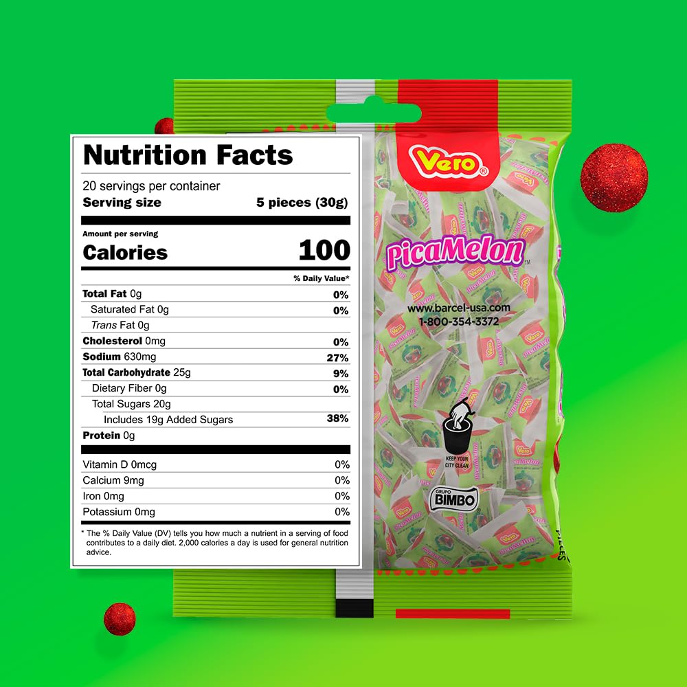 Vero Picamelon - Watermelon Flavored Chewy Gummy Treats Coated in Chili Powder 100 Pieces (Net Wt. 1 Lb, 5,15 Ounces) - Individually Wrapped Mexican Candy Gummies for Piñatas, Halloween, and More