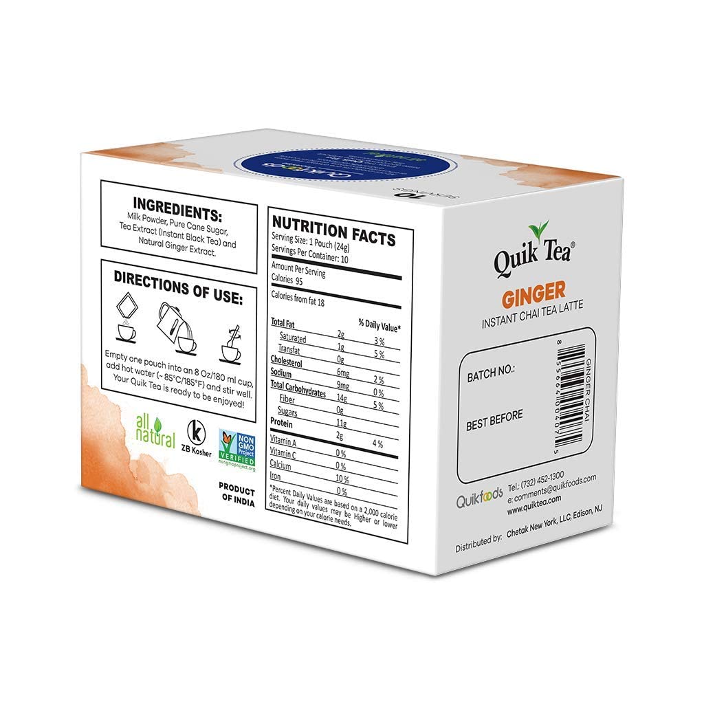 QuikTea Ginger Chai Tea Latte - 10 Count Single Box - All Natural Preservative Free Authentic Instant Chai from Assam