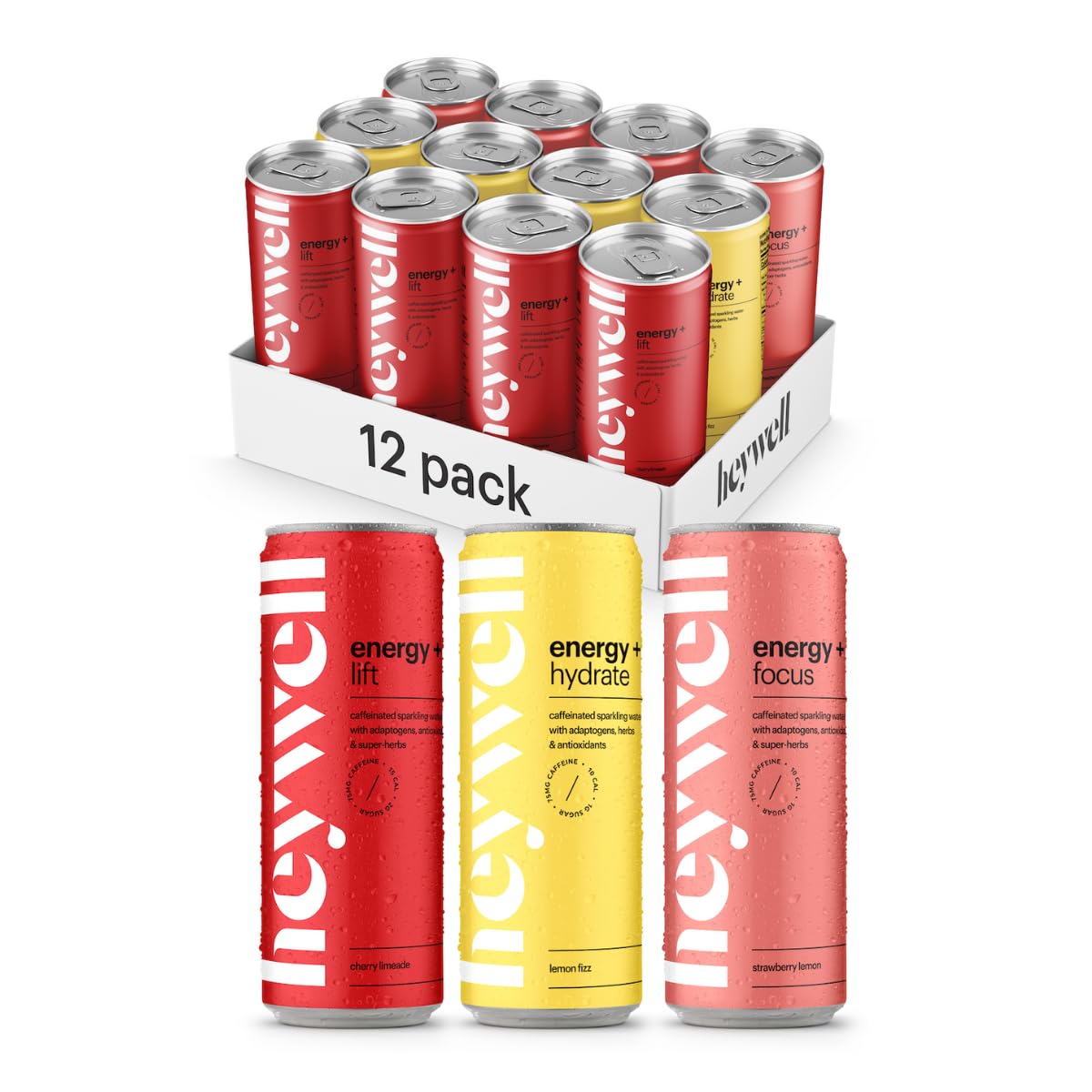 Heywell Sparkling Adaptogenic Water, Variety Pack 12 Fluid Ounce (Pack of 12) Includes - Lime, Grapefruit, Orange Mango, Strawberry Lemon - Calm Drink, Sparkling Drink
