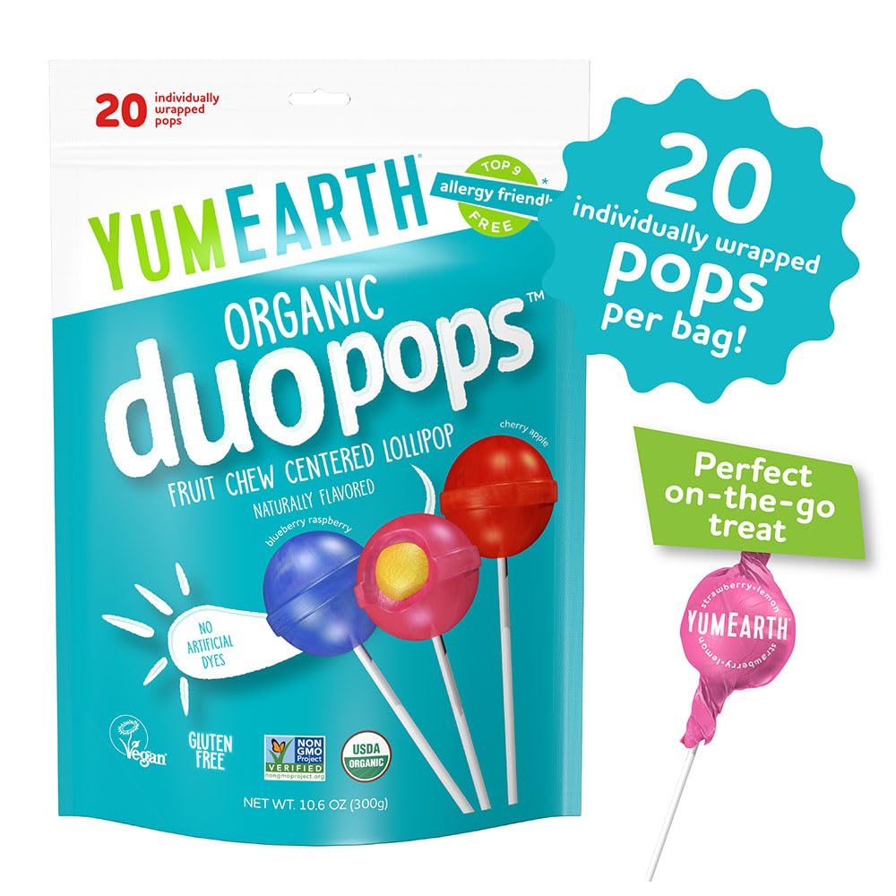 YumEarth Organic Duo Pops, Lollipops with Fruit Chew Centers - Allergy Friendly (Top 9 Free), No Artificial Dyes or Flavors, Non GMO, Gluten Free, Vegan Candy Snacks - 20 Individually Wrapped Pops