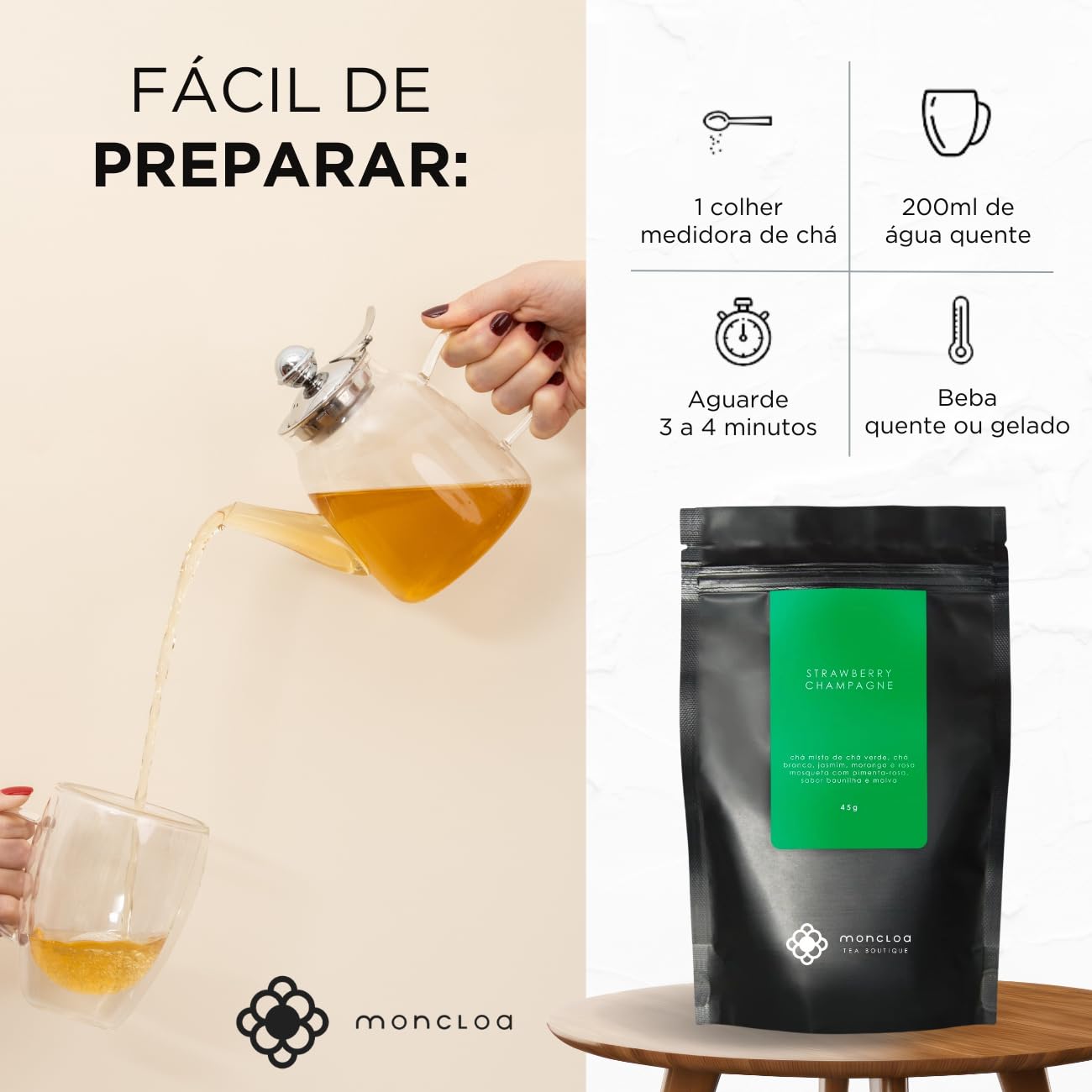 MONCLOA STRAWBERRY CHAMPAGNE - Premium Green and White Loose Leaf Tea w/ Strawberry, Jasmin, Pink Pepper. Antioxidant, Energizer. Pouch 2.8oz/80g.