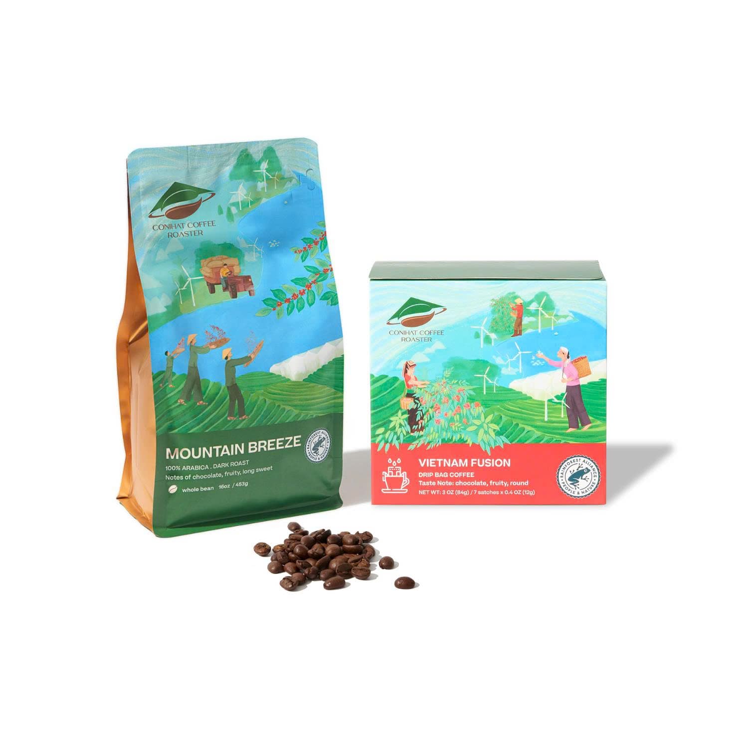 Conihat Coffee Vietnamese Premium Drip Bags Bundle with 100% Arabica Whole Bean Coffee, Dark Roast, 16 Oz Bag, Single Origin, Rainforest Alliance