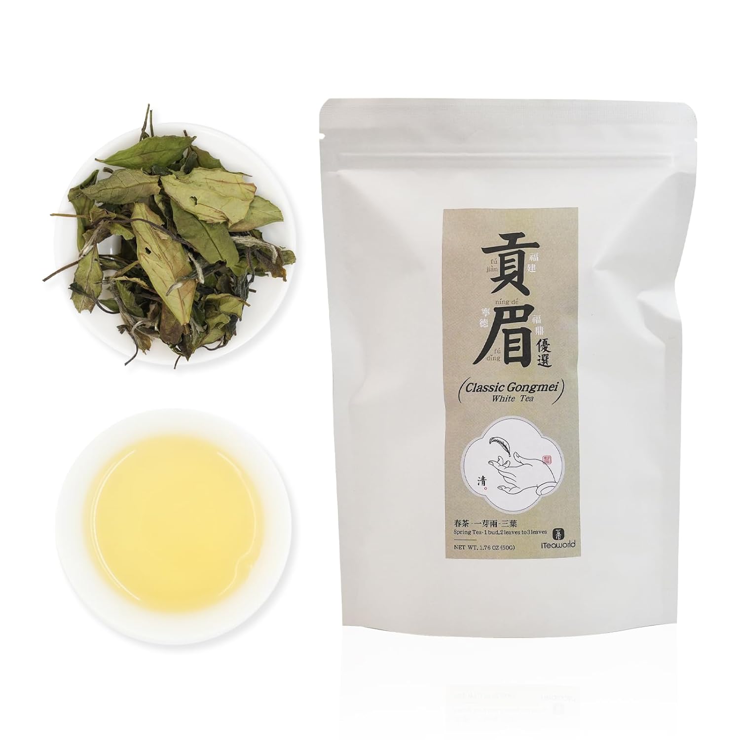 iTeaworld Gongmei White Tea 2024 Spring Harvest - Premium Chinese Tea from Fuding Fujian, Low Caffeine Multiple Steeping, Smooth Mellow Taste - Perfect for Daily Drinking & Relaxation - Ideal for Tea Enthusiasts 1 Pack(1.76oz)