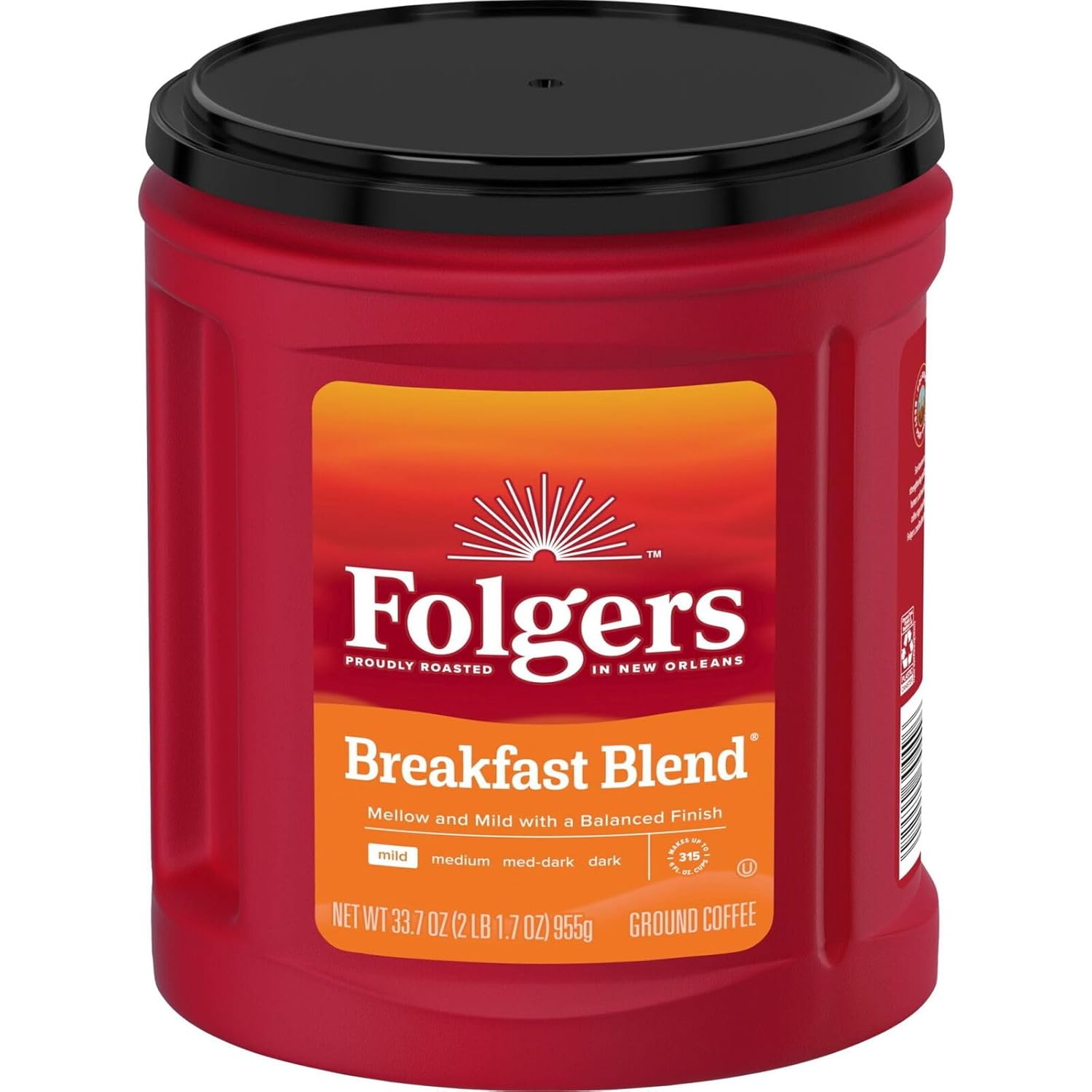 Folgers Breakfast Blend Ground Coffee, Smooth & Mild Coffee, 33.7 Ounce Canister
