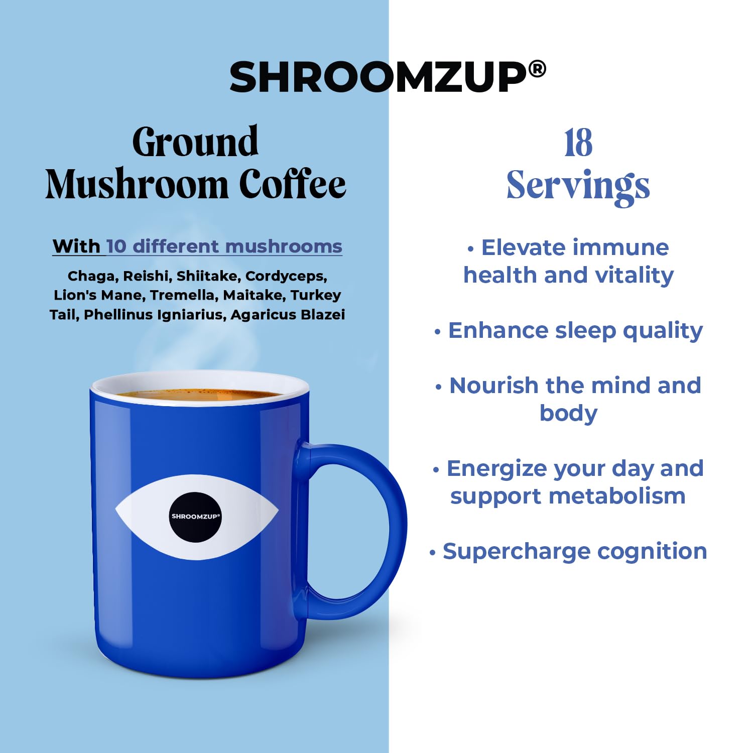 Shroomzup Ground Mushroom Coffee for Brewing - 10 Mushrooms Dark Roast - Lion's Mane, Reishi, Chaga, Turkey Tail, Cordyceps, Shiitake Mushroom Coffee for Energy and Focus - 13oz Bag