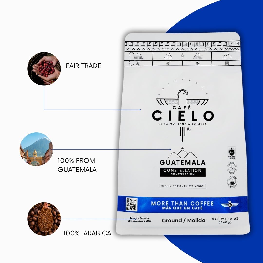 Café Cielo Blend Constellation, The Coffee from Guatemala, 100% Guatemalan Arabica Coffee, Artisanal Cultivation Single Estate Coffee. (Ground, 340g/12 oz), enriched with notes of chocolate, walnut and lemon.