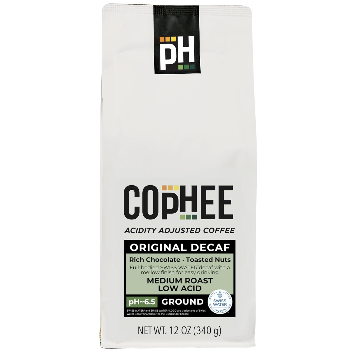 Low Acid Coffee - Decaf - Ground Medium Roast - Smooth Non-GMO Arabica Coffee - Electrolyte Infused for Sensitive Stomachs, Acid Reflux, and Heartburn ~pH 6.5-12 oz Original Decaf by COpHEE