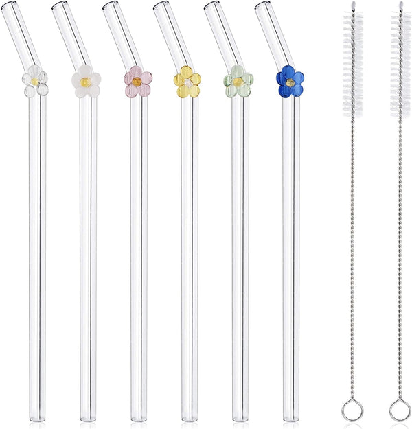 6 Pcs Reusable Glass Straws with 2 Cleaning Brushes, Cute Colorful Flower Glass Straws Shatter Resistant, Reusable Straws Dishwasher Safe for Smoothies, Milkshakes, Juices, Teas