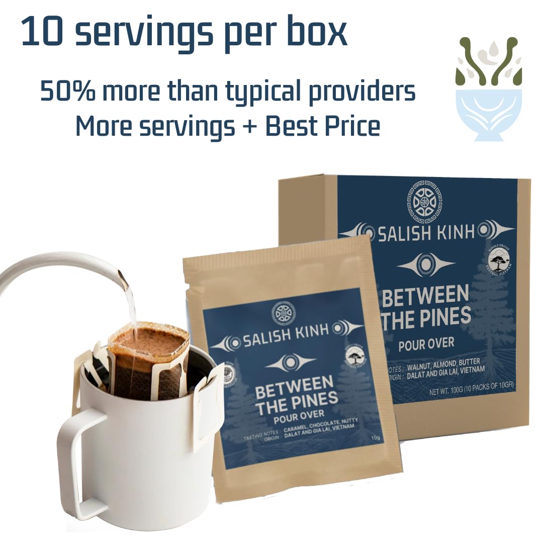 Salish Kinh Premium Pour Over Single-Serve Vietnamese Coffee | Between the Pines | Medium Roast | Includes 10 Coffees | Single Origin | Direct Trade | Instant Coffee | 100% Indigenous Produced