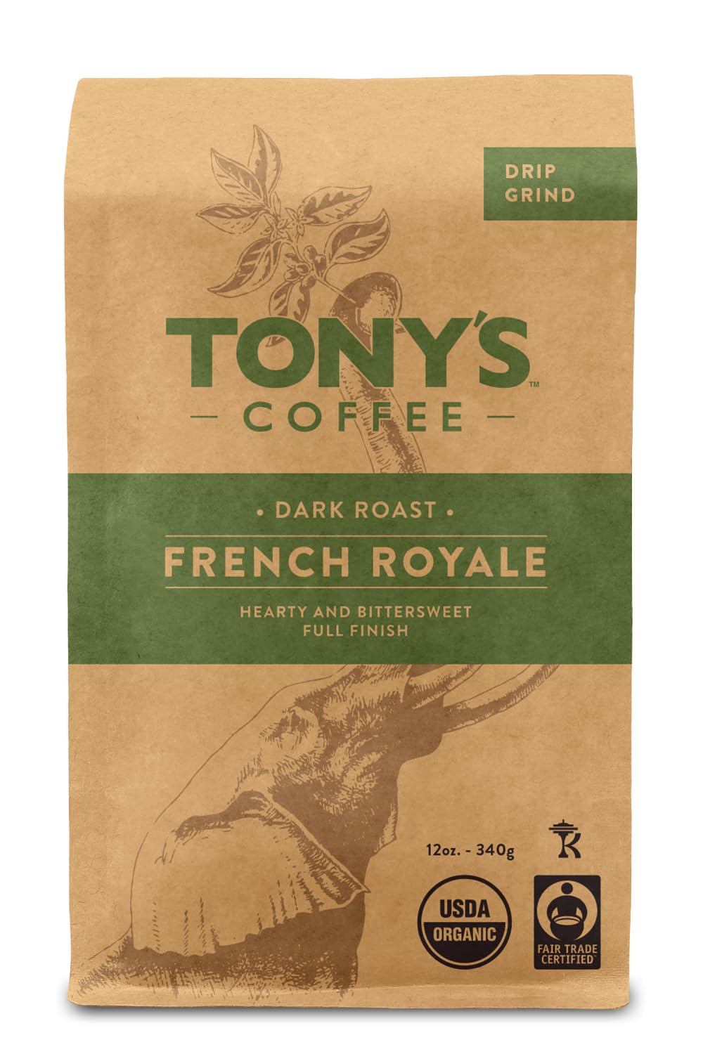Tony's Coffee, French Royale (12oz), Dark Roast Ground Coffee, Organic and Fair Trade