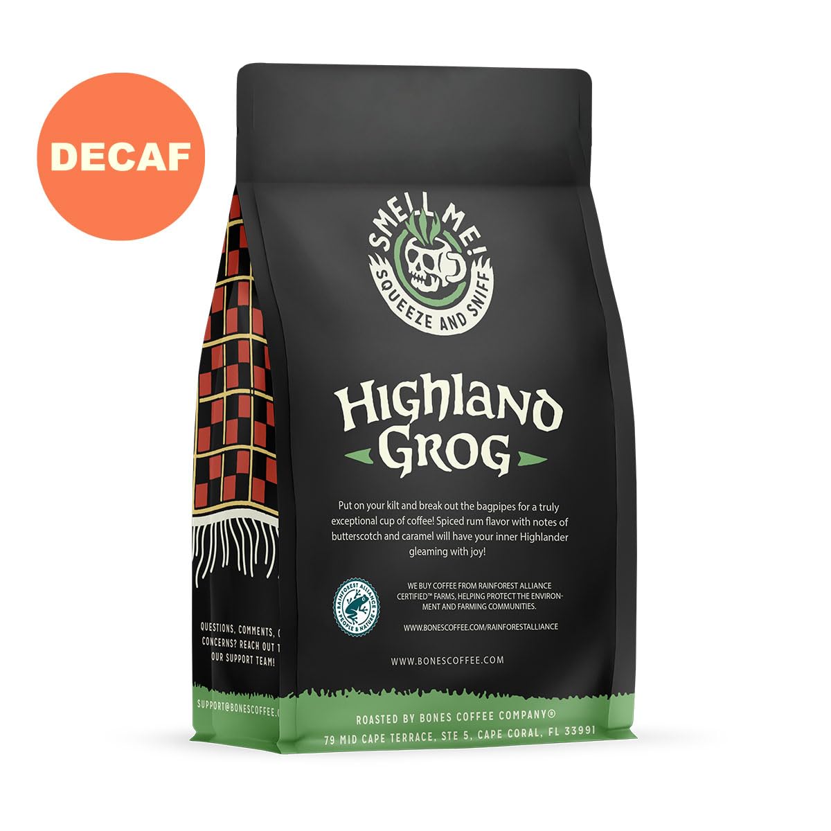 Bones Coffee Company Decaf Highland Grog Butterscotch Caramel Flavored, Medium Roast Low Acid, 12 Oz Ground