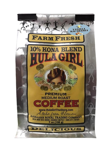 Hula Girl 10% Hawaiian Kona Coffee Blend Vanilla Mac Nut, 7 Ounce