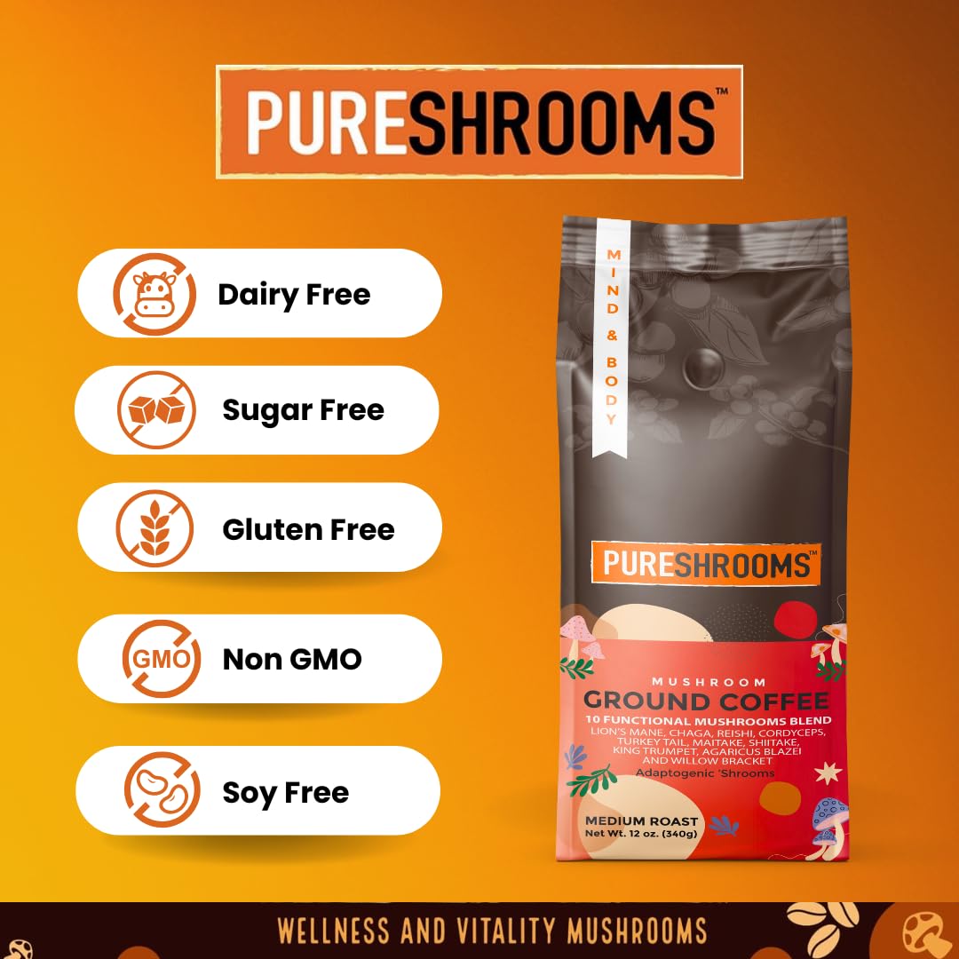 Mushroom Ground Coffee w/ 10 Organic Mushroom Extracts - King Trumpet, Agaricus Blazei, Willow Bracket, Lion's Mane, Chaga, Reishi, Cordyceps, Turkey Tail, Maitake, Shiitake 340g (Perfect 10)