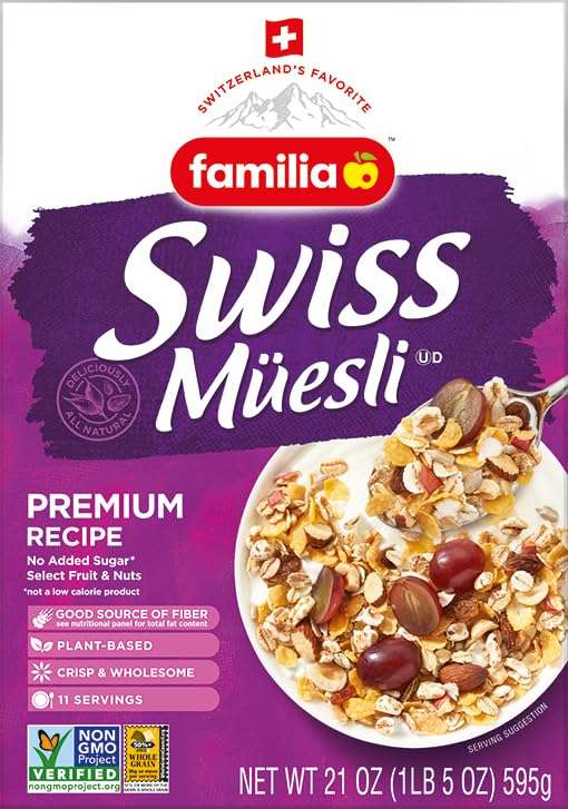 Familia Swiss Muesli Cereal, Premium Recipe with Spelt Flakes, Krispies, Fruit and Nuts, 0g Added Sugar, 21 Ounce (Pack of 6)