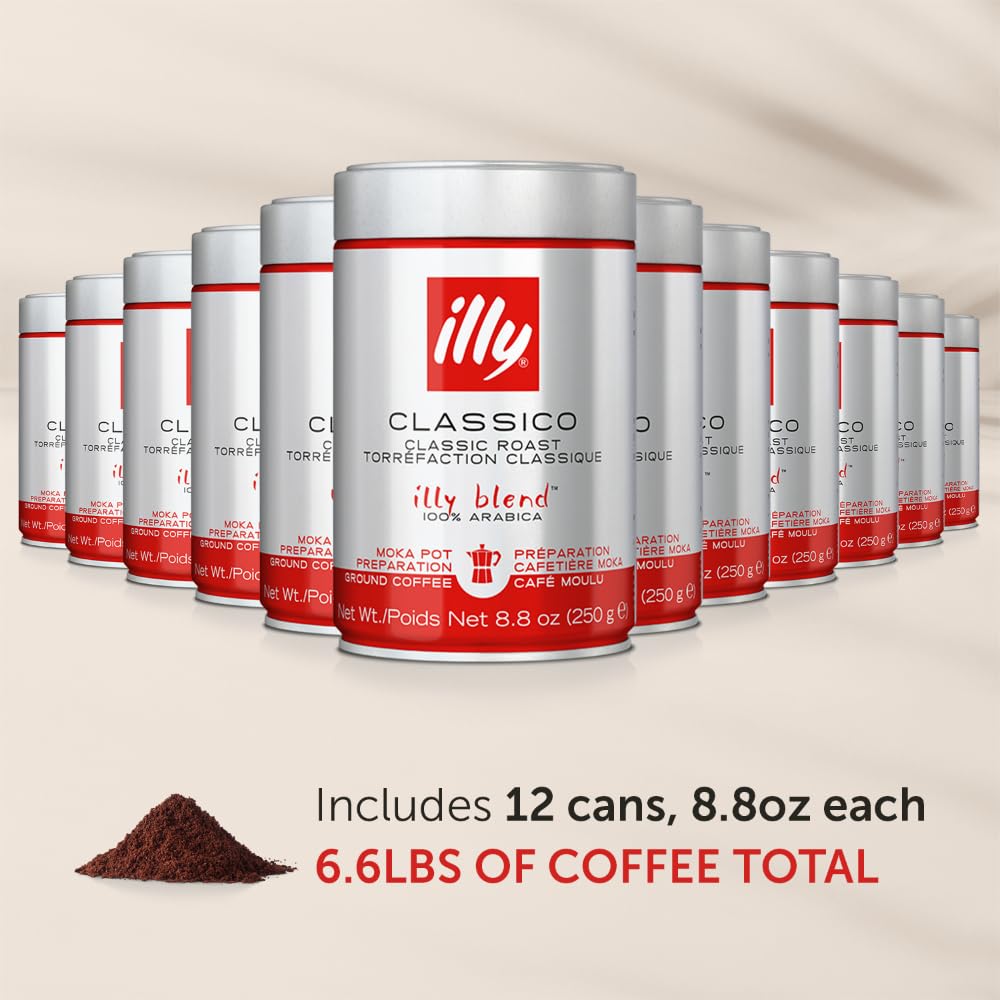 illy Ground Coffee Moka - 100% Arabica Coffee Ground - Rich Aromatic Coffee Grounds – Classico Medium Roast - Notes of Caramel, Orange Blossom & Jasmine - No Preservatives – 8.8 Ounce, 12 Pack