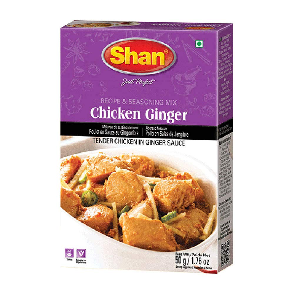 Shan Chicken Ginger Recipe and Seasoning Mix 1.76 oz (50g) - Spice Powder for Tender Chicken in Ginger Sauce - Suitable for Vegetarians - Airtight Bag in a Box