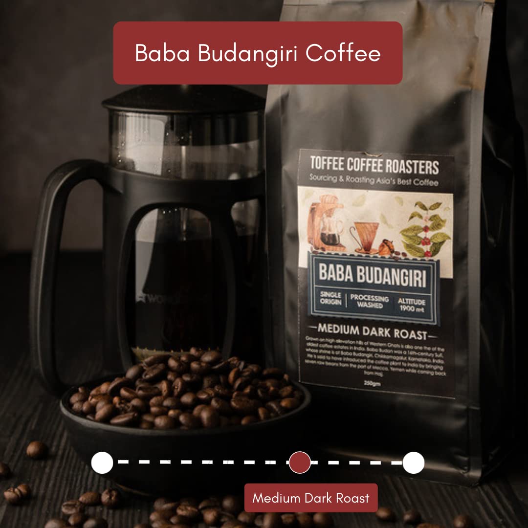 Toffee Coffee Roasters | Baba Budangiri Coffee | Finest Indian Specialty Coffee |100% Arabica Medium Dark Roast Grind: French Press | Coffee Notes: Toasted Nuts, Earthy and Dark Chocolate - 9 oz (250g)